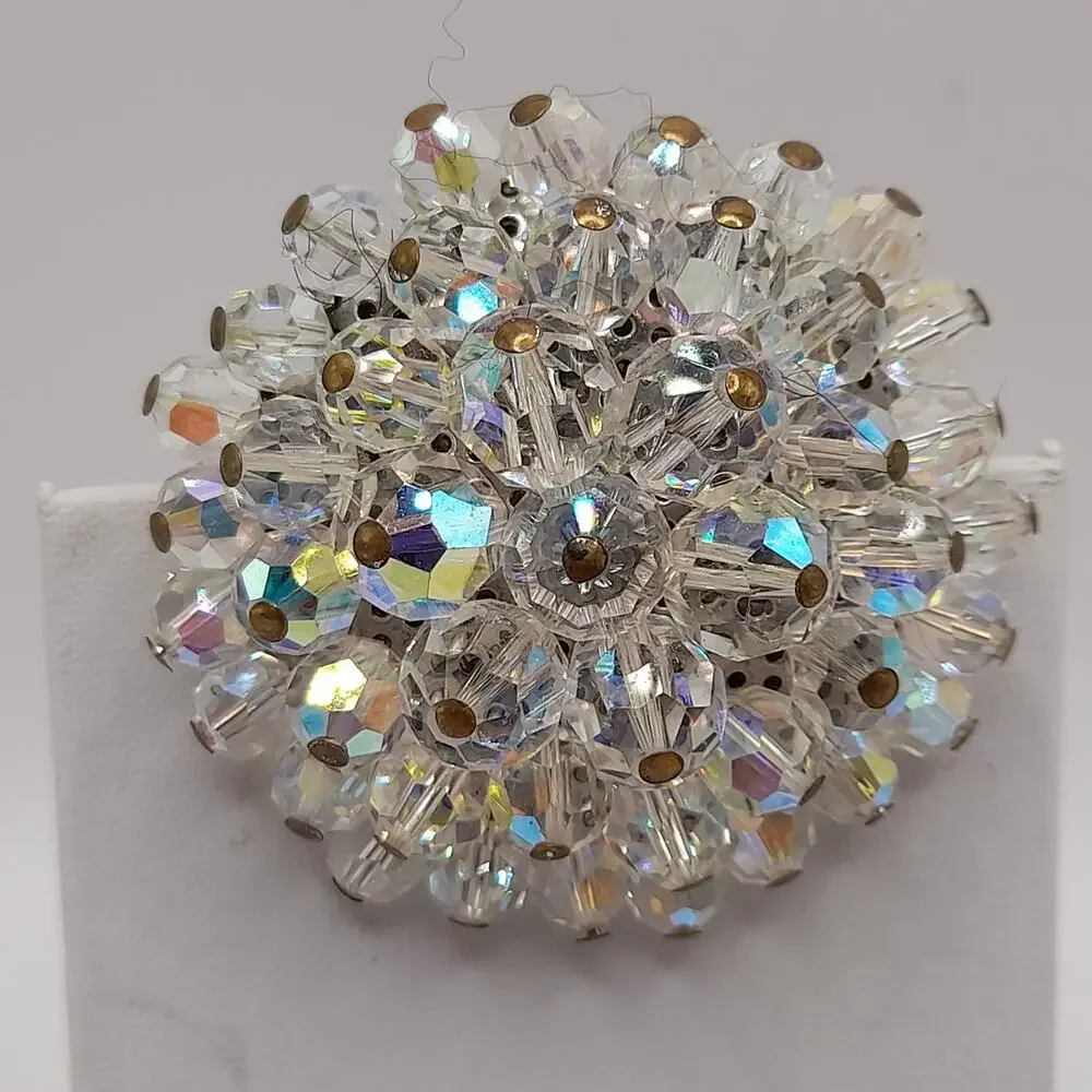 Vintage AB Crystal Beaded Brooch Clear Aurora Borealis Round 2 Inch 1960s